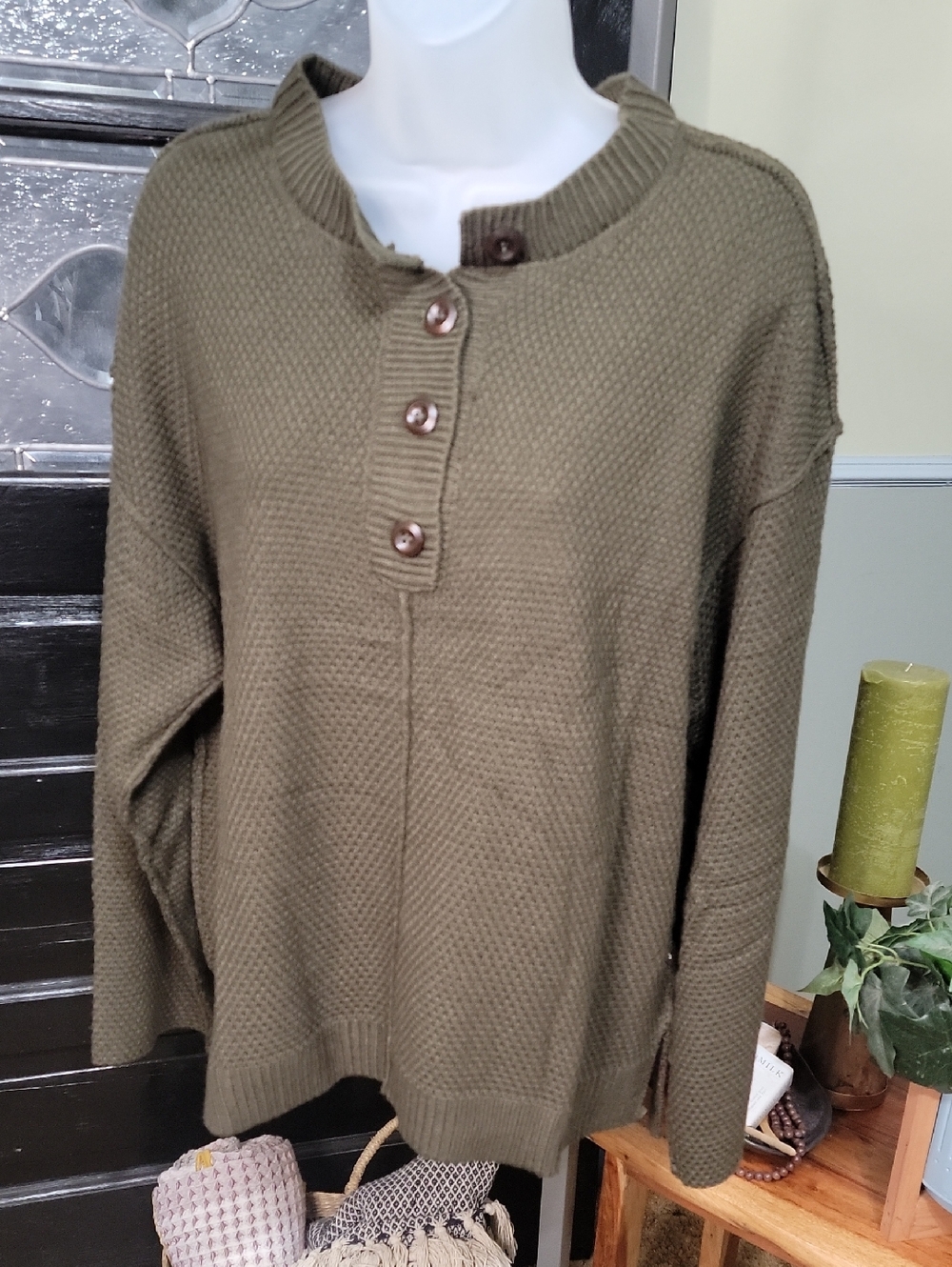 #88 Miss Sparkling Olive Waffle Knit Sweater Rolled Edges Buttons Women Size XL